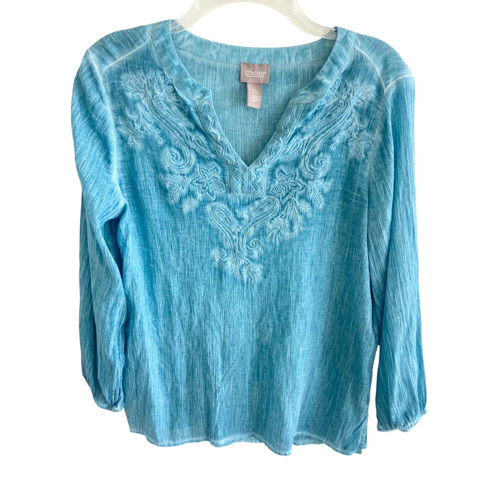 Chicos Turquoise Blue Embroidered Cotton Gauze Blouse Boho V-Neck Top Size 0 S